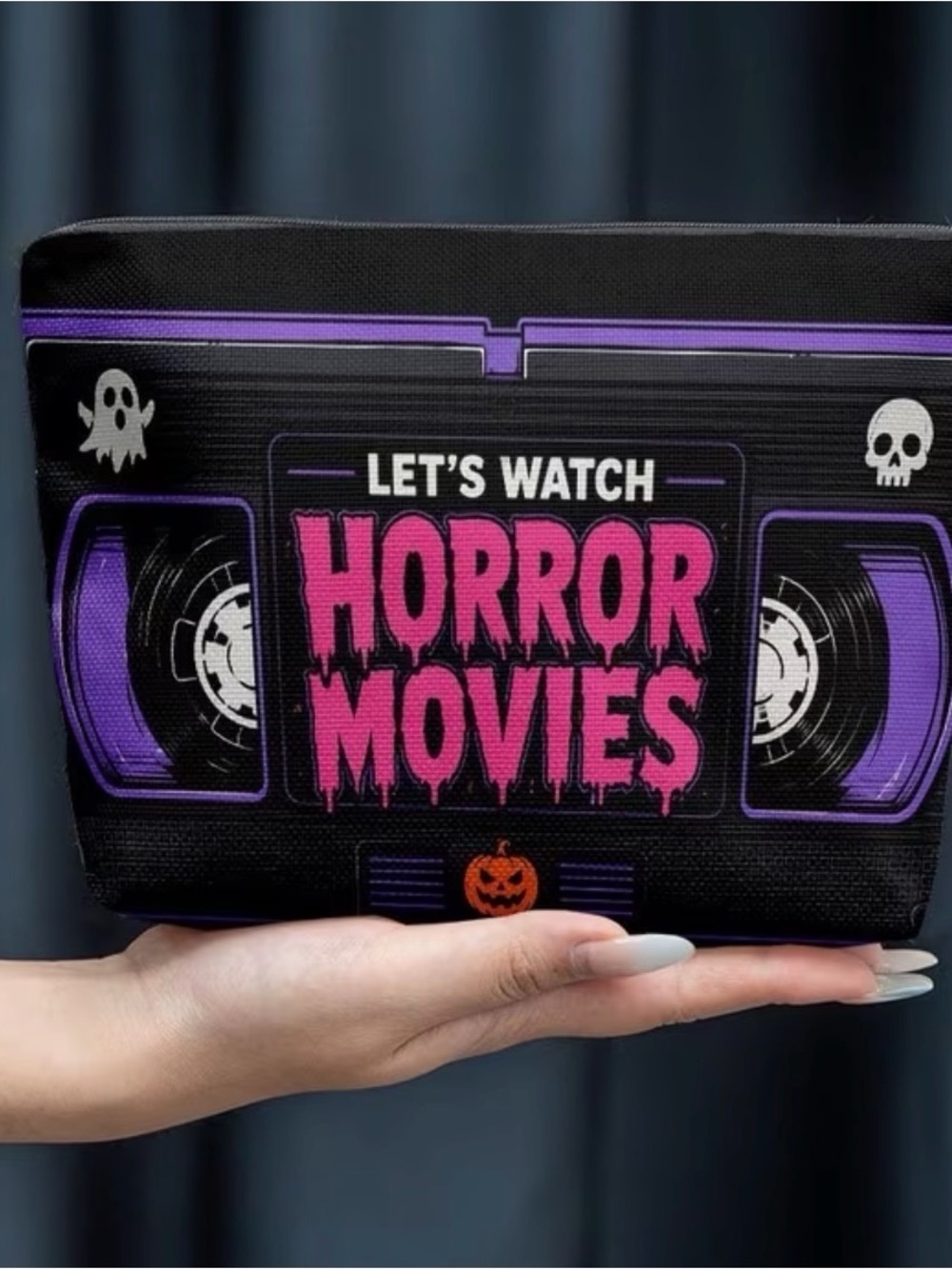 📼LET'S WATCH HORROR MOVIES Black, Purple, Pink Cosmetic Pouch - VHS🎃💖